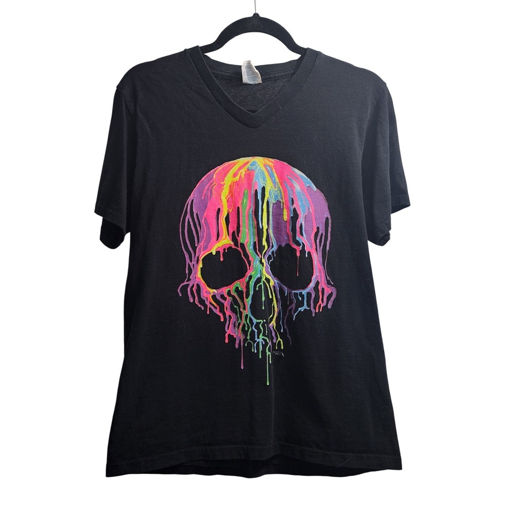 Port‎ & Company Black Skull Drip Graphic V Neck T Shirt Women's Size Small